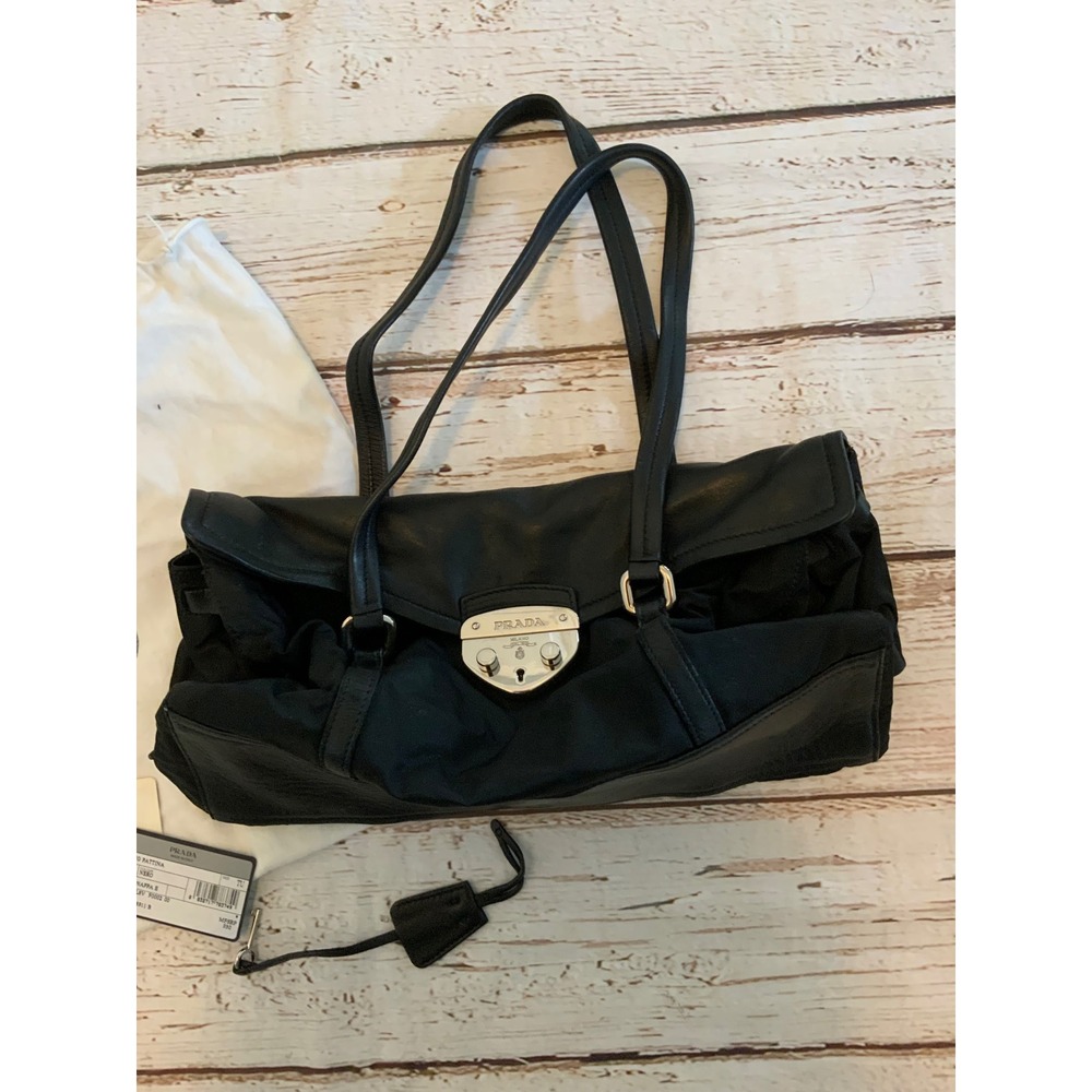Prada Shopping Pattina Shoulder Bag Black Tessuto Nappa Leather BR3273